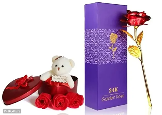 Valentine Day Gift for Girlfriend  Boyfriend Artificial Red Golden Rose  3 Red Rose with Teddy Bear-Love Gift for Husband-Wife Birthday Gift