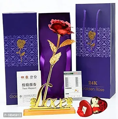 24k Gold Plated Artificial Flower Red Rose with Love Stand and Teddy Box for Rose|Propose|Valentines Day with Carry Bag (11 inch,Red), 1 Pc
