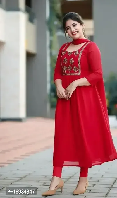 Elegant Georgette Stitched Embroidered Anarkali Kurti With Dupatta For Women-thumb0