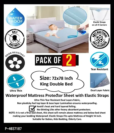 Pack of 2 Waterproof Mattress Protector with Elastic Straps for King Size Double Bed, 72x78 Inch, Sky Blue