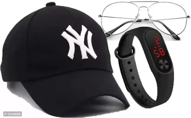 Classic Embroided NY Cap+ Black LED Watch+Aviator Sunglass for Men & Boys. Cap (Pack of 3)-thumb0