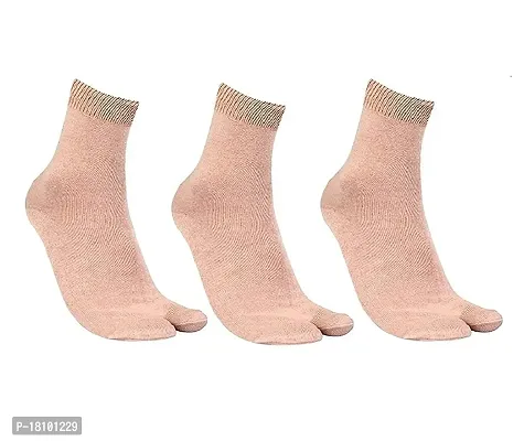 VT VIRTUE TRADERS Women's Beige Coloured Cotton Plain Ankle Length with Thumb Winter Socks - Pack of 3 Pairs-thumb0