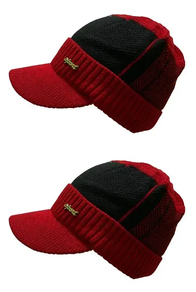VT VIRTUE TRADERS Men Hat Knit Cable Visor Beanie with Fleece Lining Patchwork Stripe Boy Cap with Brim for Outdoor Sport