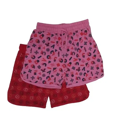 Little Funky 100% Cotton Shorts for Girls - All Over Printed Regular Fit Trousers for Trendy Kids Girls, Multicolor (Pack of 2 pcs)