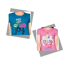 Little Funky Pure Cotton Kids Girls Half Sleeve Printed Blue and Pink Color Tshirt - Pack of 2-thumb3