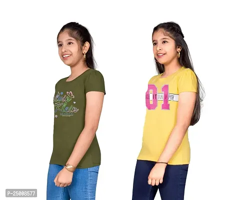 Little Funky Pure Cotton Kids Girls Printed Half Sleeve Olive and Yellow Color Tshirt - Pack of 2 pcs-thumb3