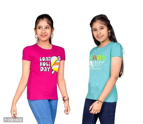 Little Funky Pure Cotton Kids Girls Printed Half Sleeve Rani Pink and Sky Blue Color Tshirt - Pack of 2 pcs-thumb3