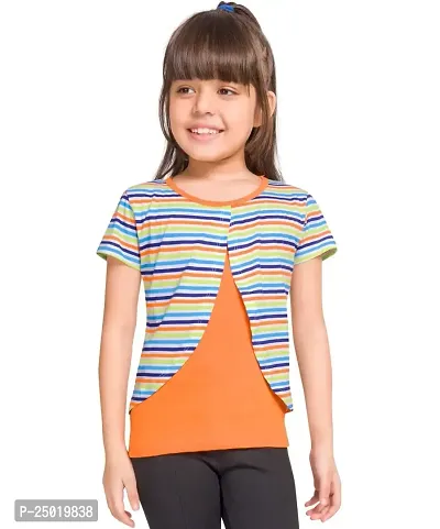 Little Funky Pure Cotton Girls Half Sleeve Trendy Printed Casual Tshirt Orange-thumb0