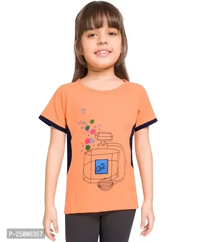 Little Funky Pure Cotton Girls Half Sleeve Trendy Printed Casual Tshirt Orange-thumb0