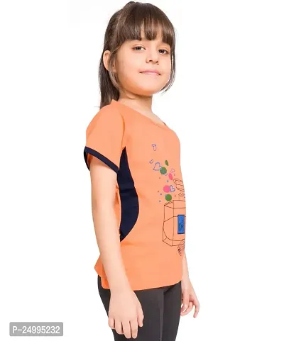 Little Funky Pure Cotton Girls Half Sleeve Trendy Printed Casual Tshirt Orange-thumb3