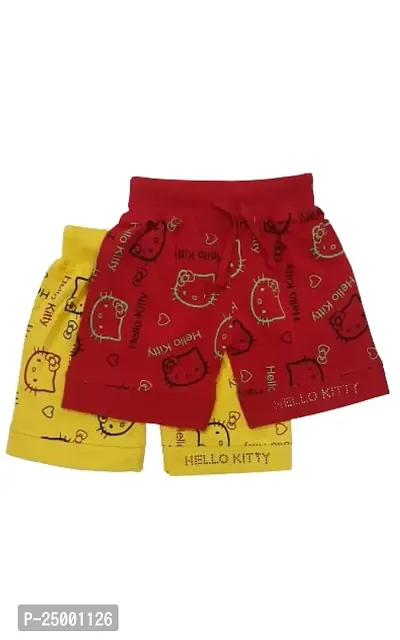Little Funky 100% Pure Cotton All Over Printed Kids Lovable Kitty Design Pattern Attractive Shorts for Girls -Pack of 2 Pcs-thumb0
