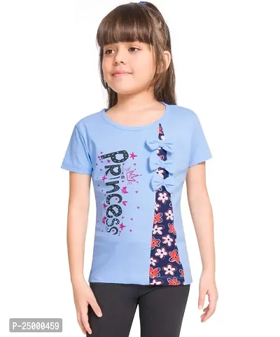 Little Funky Pure Cotton Girls Half Sleeve Trendy Printed Casual Tshirt Blue