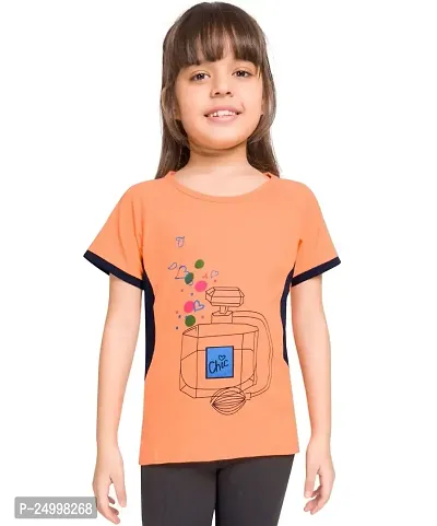 Little Funky Pure Cotton Girls Half Sleeve Trendy Printed Casual Tshirt Orange