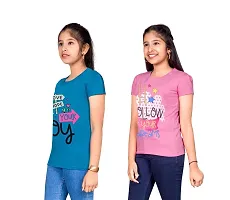 Little Funky Pure Cotton Kids Girls Printed Half Sleeve Pink and Blue ColorTshirt - Pack of 2 pcs-thumb2