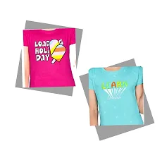 Little Funky Pure Cotton Kids Girls Printed Half Sleeve Rani Pink and Sky Blue Color Tshirt - Pack of 2 pcs-thumb3