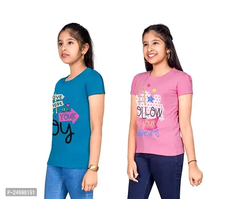 Little Funky Pure Cotton Kids Girls Half Sleeve Printed Blue and Pink Color Tshirt - Pack of 2-thumb3