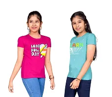 Little Funky Pure Cotton Kids Girls Printed Half Sleeve Rani Pink and Sky Blue Color Tshirt - Pack of 2 pcs-thumb2