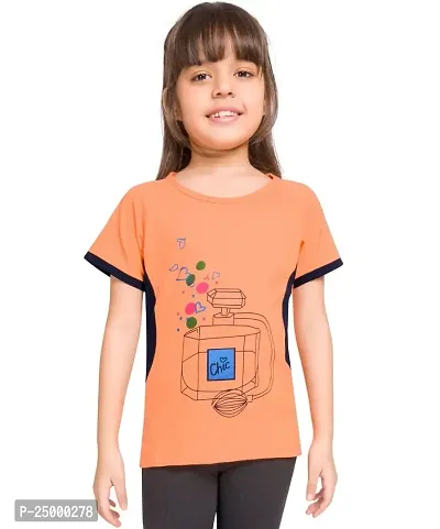 Little Funky Pure Cotton Girls Half Sleeve Trendy Printed Casual Tshirt Orange