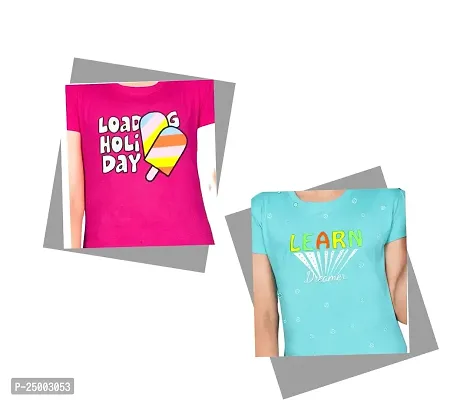 Little Funky Pure Cotton Kids Girls Printed Half Sleeve Rani Pink and Sky Blue Color Tshirt - Pack of 2 pcs-thumb4