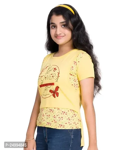 Little Funky Pure Cotton Girls Printed Half Sleeve Yellow Color Tshirt-thumb3