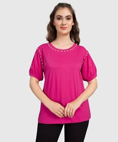 Monisha Plus Pure Trendy Stylish Beads Pearls Solid Half Sleeve Round Neck Tshirt