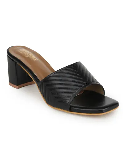 Stylish Black Synthetic Solid Heel Sandals For Women