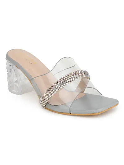 Stylish Grey Synthetic Solid Heel Sandals For Women