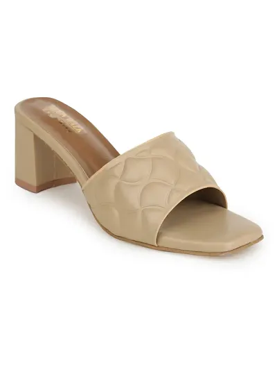 Stylish Beige Synthetic Solid Heel Sandals For Women