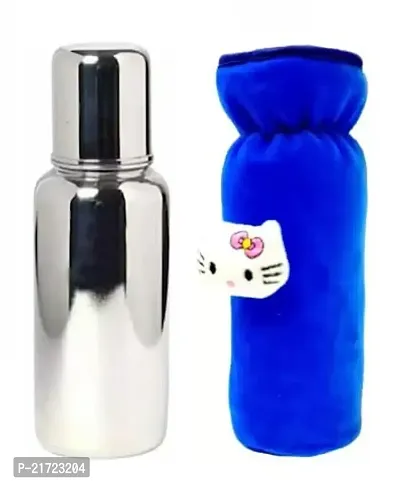 Radiant Fashion World Baby Feeding 304 Grade Stainless Steel Bottle 250ml with Silicone Nipple and Beautiful Teddy Patch Bottle Cover. (Blue Cover)-thumb0