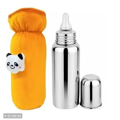 Radiant Fashion World Baby Feeding 304 Grade Stainless Steel Bottle 250ml with Silicone Nipple and Beautiful Teddy Patch Bottle Cover. (Yellow Cover)