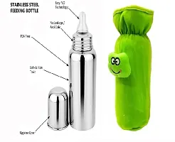 Radiant Fashion World Baby Feeding 304 Grade Stainless Steel Bottle 250ml with Silicone Nipple and Beautiful Teddy Patch Bottle Cover. (Green Cover)-thumb1