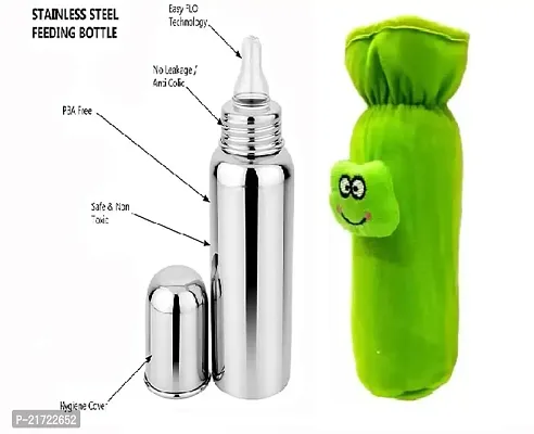 Radiant Fashion World Baby Feeding 304 Grade Stainless Steel Bottle 250ml with Silicone Nipple and Beautiful Teddy Patch Bottle Cover. (Green Cover)-thumb2