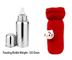 Radiant Fashion World Baby Feeding 304 Grade Stainless Steel Bottle 250ml with Silicone Nipple and Beautiful Teddy Patch Bottle Cover. (Red Cover)-thumb1