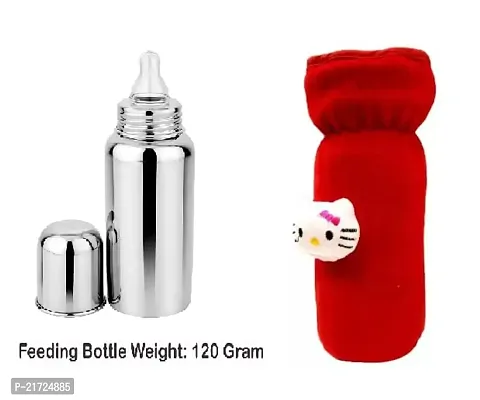 Radiant Fashion World Baby Feeding 304 Grade Stainless Steel Bottle 250ml with Silicone Nipple and Beautiful Teddy Patch Bottle Cover. (Red Cover)-thumb2