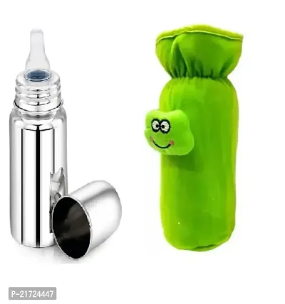 Radiant Fashion World Baby Feeding Stainless Steel Bottle 250ml with Silicone Nipple and Beautiful Green Bottle Cover.