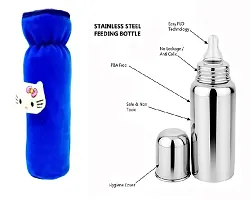 Radiant Fashion World Baby Feeding 304 Grade Stainless Steel Bottle 250ml with Silicone Nipple and Beautiful Teddy Patch Bottle Cover. (Blue Cover)-thumb1