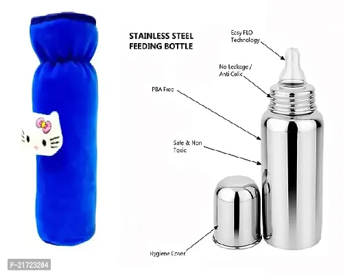 Radiant Fashion World Baby Feeding 304 Grade Stainless Steel Bottle 250ml with Silicone Nipple and Beautiful Teddy Patch Bottle Cover. (Blue Cover)-thumb2