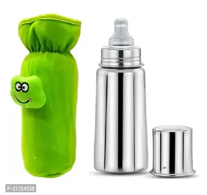 Radiant Fashion World Baby Feeding 304 Grade Stainless Steel Bottle 250ml with Silicone Nipple and Beautiful Bottle Cover. (Green Cover)-thumb0