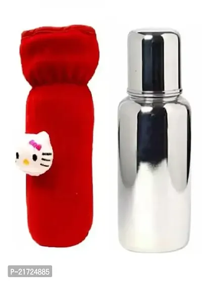 Radiant Fashion World Baby Feeding 304 Grade Stainless Steel Bottle 250ml with Silicone Nipple and Beautiful Teddy Patch Bottle Cover. (Red Cover)