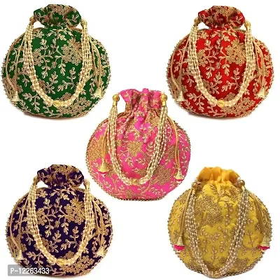 KYZZO Designer Rajasthani Potli Bags | For Womens | Silk Potli Bag with Zari Work | Ethnic Wristlets Potli Bags | Assorted Colors | Pack of 3-thumb0