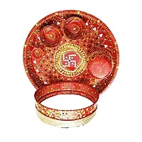 Kyzzo? Stainless Steel Karwa Chauth 6 Pieces Decorative Pooja Thali Set (Red) (Thali Size 12"")-thumb4