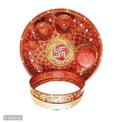 Kyzzo? Stainless Steel Karwa Chauth 6 Pieces Decorative Pooja Thali Set (Red) (Thali Size 12"")-thumb5