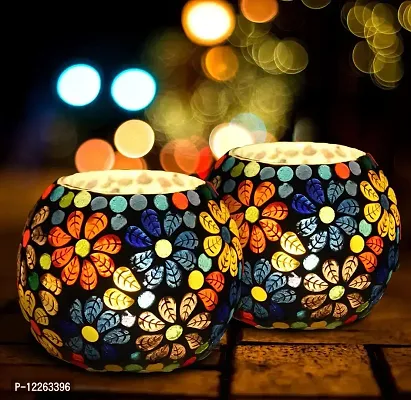 Kyzzo Glass Mosaic Tealight Candle Holder for Diwali Decor, Christmas Decor, Diwali Decoration - Pack of 2 (Floral Design)