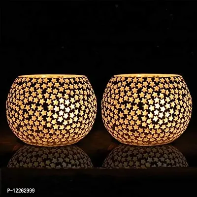 Kyzzo Glass Mosaic Tealight Candle Holder for Diwali Decor, Christmas Decor, Diwali Decoration - Pack of 2 (Star Design)-thumb2