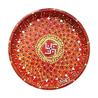 Kyzzo? Stainless Steel Karwa Chauth 6 Pieces Decorative Pooja Thali Set (Red) (Thali Size 12"")-thumb2