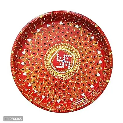 Kyzzo? Stainless Steel Karwa Chauth 6 Pieces Decorative Pooja Thali Set (Red) (Thali Size 12"")-thumb3