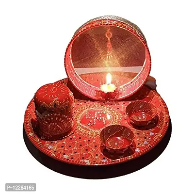 Kyzzo? Stainless Steel Karwa Chauth 6 Pieces Decorative Pooja Thali Set (Red) (Thali Size 12"")