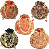 KYZZO Designer Rajasthani Potli Bags | For Womens | Silk Potli Bag with Zari Work | Ethnic Wristlets Potli Bags | Assorted Colors | Pack of 3-thumb1