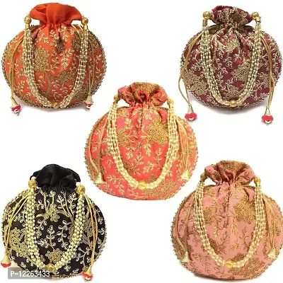 KYZZO Designer Rajasthani Potli Bags | For Womens | Silk Potli Bag with Zari Work | Ethnic Wristlets Potli Bags | Assorted Colors | Pack of 3-thumb2