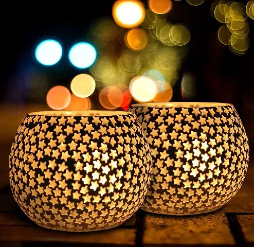 Kyzzo Glass Mosaic Tealight Candle Holder for Diwali Decor, Christmas Decor, Diwali Decoration - Pack of 2